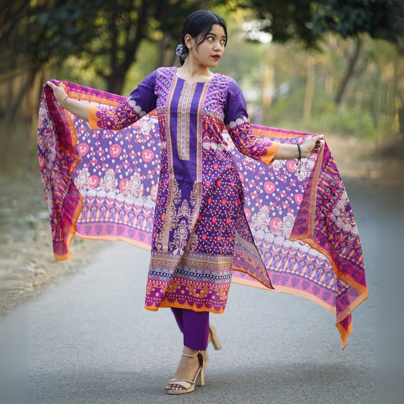 Exclusive Lun Jomtom Purple Theme Three Piece